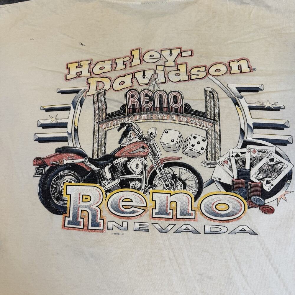 Vtg Haley Davidson Reno Nevada Shirt XXL Cream Henley Distressed Stains USA Made